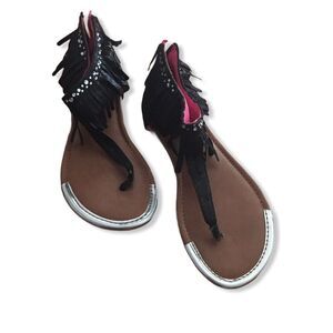 Girls Sandals Size 4 Black Thong Back Strap Ankle‎ Fringe Flat Zip Justice
